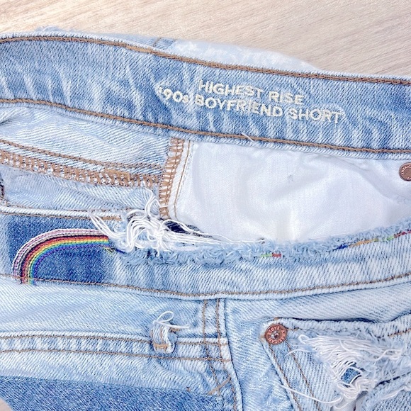 AE Sunshine & Rainbow Embroidered Patchwork Denim High Rise 90s Boyfriend Shorts - Picture 9 of 12